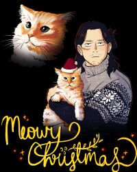  1boy aizawa_shota animal boku_no_hero_academia brown_hair cat christmas_sweater commentary english_commentary expressionless facial_hair goatee_stubble green_eyes hat highres holding holding_animal holding_cat light_frown male_focus medium_hair merry_christmas santa_hat scar scar_on_cheek scar_on_face solo squidwithelbows stubble sweater turtleneck turtleneck_sweater two-tone_sweater 