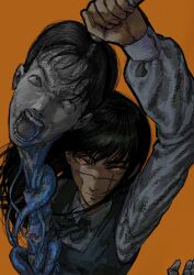  1girl black_hair black_ribbon chainsaw_man collared_shirt commentary_request cross_scar disembodied_head facing_viewer fourth_east_high_school_uniform from_above genohiza371 highres intestines lips long_hair long_sidelocks looking_at_viewer neck_ribbon orange_background orange_eyes ribbon ringed_eyes scar scar_on_cheek scar_on_face scar_on_nose school_uniform shirt sidelocks simple_background spinal_cord sword tanaka_(chainsaw_man) weapon white_shirt yoru_(chainsaw_man) 