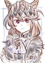  1girl animal_ears ascot black_coat blue_ascot blush brown_hair closed_mouth coat commentary_request crown gloves hair_between_eyes highres horse_ears horse_girl long_hair long_sleeves looking_at_viewer multicolored_hair namatyoco official_alternate_costume smile streaked_hair symboli_rudolf_(adamant_sovereign)_(umamusume) symboli_rudolf_(umamusume) umamusume upper_body violet_eyes white_hair 