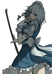  1girl absurdres ace_(playing_card) ace_of_spades apron back_bow between_fingers blue_dress blue_eyes bow braid card card_between_fingers character_print collared_shirt commentary dress english_commentary frilled_dress frills gloves green_bow grey_hair hair_bow highres holding holding_card izayoi_sakuya long_hair maid maid_headdress pinafore_dress playing_card puffy_short_sleeves puffy_sleeves remilia_scarlet shirt short_sleeves simple_background sleeveless sleeveless_dress solo spade_(shape) tenx2_1341 touhou twin_braids waist_apron white_apron white_background white_bow white_gloves white_shirt 