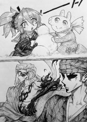  abarai_ichika abarai_renji absurdres black_kimono bleach building_snowman chronozbergh commentary crosshatching english_commentary family father_and_child father_and_daughter forehead_tattoo greyscale haori hatching_(texture) headband highres japanese_clothes kimono linear_hatching monochrome parent_and_child peppa_pig peppa_pig_(series) pig_girl shihakusho snow taichou_haori tattoo traditional_media winter_clothes woven_hatching zanpakutou 