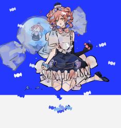  1girl absurdres blue_gem bluebell_candy bow braid candy dress elbow_gloves food frills gem gloves green_eyes hair_ornament hat highres jewelry magical_girl mahou_shoujo_ikusei_keikaku mahou_shoujo_ikusei_keikaku_aces n37709619 pink_hair short_hair single_elbow_glove single_glove sitting smile solo 