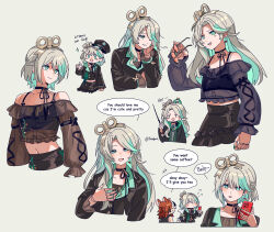  cecilia_immergreen cecilia_immergreen_(casual) cellphone colored_inner_hair doll_joints earrings fongban_illust green_eyes green_hair grey_background grey_hair hakos_baelz hakos_baelz_(monochrome_dancer) hat highres holding holding_phone holding_removed_eyewear holding_wand hololive hololive_english jewelry joints long_hair multicolored_hair neck_ribbon phone police_hat ribbon single_earring slytherin smartphone twitter_username unworn_eyewear virtual_youtuber wand winding_key 