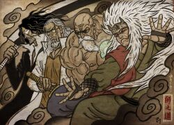  4boys bald black_hair bleach bleach:_sennen_kessen-hen chien_chih_kang commentary dragon_ball dragon_ball_(classic) dragon_ball_z english_commentary facial_mark forehead_protector green_haori haori highres holding holding_sword holding_weapon japanese_clothes jiraiya_(naruto) long_hair male_focus multiple_boys muscular muscular_male muten_roushi naruto_(classic) naruto_(series) naruto_shippuuden old old_man one_piece shirt silvers_rayleigh sunglasses sword tear_troughs very_long_hair weapon white_shirt yhwach 