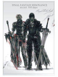  2boys armor back-to-back black_hair blonde_hair clive_rosfield countdown_illustration final_fantasy final_fantasy_brave_exvius final_fantasy_resonance final_fantasy_xvi highres holding holding_sword holding_weapon huge_weapon in-franchise_crossover multiple_boys official_art planted planted_sword rain_(ffbe) signature sword takahashi_kazuya weapon 