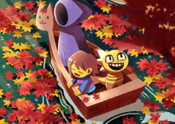  3others absurdres ambiguous_gender androgynous black_cloak blue_shorts blue_sweater cloak closed_eyes colored_skin commentary_request frisk_(undertale) highres hood hood_up leaf long_sleeves monster_kid_(undertale) multiple_others open_mouth river_person_(undertale) shorts smile sweater teeth undertale upper_teeth_only utdr_(toby_fox) watawata22 yellow_skin 