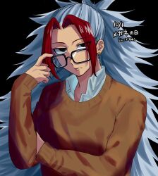  1girl adjusting_eyewear aokichi_4o black_background black_hair brown_sweater close-up commentary_request earrings glasses hand_on_own_arm hidari_(yomi_no_tsugai) highres jewelry long_hair looking_at_viewer mature_female multicolored_hair ponytail red_hair simple_background single_earring sweater two-tone_hair very_long_hair white_hair yomi_no_tsugai 