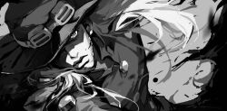  1boy beard blood blood_on_face facial_hair greyscale gyro_zeppeli hat hat_over_one_eye helvetica1999 jojo_no_kimyou_na_bouken long_hair male_focus monochrome solo steel_ball_run 