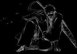  1boy arm_at_side arm_support black_background bleach clenched_hand commentary full_body greyscale hakama hand_up highres hollow_ichigo japanese_clothes ken'ichi_(ken1ro_u) kimono knee_up long_sleeves looking_at_viewer male_focus monochrome nose open_mouth sandals short_hair simple_background sitting sketch smile smug solo spiky_hair sword v-shaped_eyebrows weapon wide_sleeves zangetsu_(shikai) zouri 