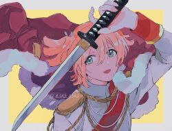  1girl :d aiguillette arm_up badge border cape commentary daiba_nana epaulettes floating_clothes fur-trimmed_cape fur_trim green_eyes green_ribbon grey_border grey_jacket hair_between_eyes hair_ribbon hanakazesun highres holding holding_sword holding_weapon jacket katana long_sleeves looking_at_viewer open_mouth orange_hair outside_border red_cape red_sash ribbon sash short_hair shoujo_kageki_revue_starlight shoulder_sash smile solo star_(symbol) sword twitter_username two_side_up upper_body watermark weapon yellow_background yellow_trim 