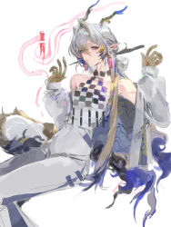 1girl absurdres arknights bare_shoulders chinese_commentary closed_mouth colored_extremities commentary_request dragon_girl dragon_horns dragon_tail eastern_dragon_horns eastern_dragon_tail eyeliner feet_out_of_frame grey_hair hair_between_eyes hands_up highres horns invisible_chair jewelry long_hair long_sleeves looking_at_viewer makeup multicolored_hair necklace orange_eyeliner pointy_ears qingfeng_canying shu_(arknights) sitting solo strapless tail tube_top white_background white_tube_top yellow_hands 