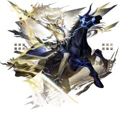  1boy animal_ears arknights arknights:_endfield armor black_horse blonde_hair character_request covered_pectorals dynamic_pose floating_hair full_body fur_trim gauntlets high_ponytail highres holding holding_polearm holding_weapon horse horse_boy horse_ears horseback_riding liduke long_hair looking_at_viewer male_focus mole mole_under_eye muscular muscular_male official_art parted_bangs pauldrons pectorals polearm ponytail red_eyes riding second-party_source shin_guards shoulder_armor side_capelet single_gauntlet single_pauldron solo spear tachi-e tassel transparent_background waist_cape weapon xiao_guan_(headdress) 