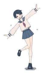  1girl black_hair black_shoes blue_sailor_collar blue_skirt commentary_request full_body fuura_kafuka hair_ornament hairclip highres leaning_to_the_side loafers neckerchief ono_onono0 open_mouth outstretched_arms petal_on_head pleated_skirt red_eyes red_neckerchief sailor_collar sayonara_zetsubou_sensei school_uniform shirt shoes short_hair simple_background skirt solo spread_arms standing standing_on_one_leg white_background white_shirt 