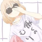  1girl adjusting_eyewear blonde_hair blush clothes_writing expressionless futaba_anzu glasses idolmaster idolmaster_cinderella_girls long_hair low_twintails shirt sketch solo stuffed_animal stuffed_rabbit stuffed_toy sunglasses t-shirt twintails white_shirt ykr_(youkiri) 