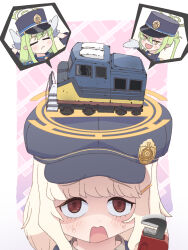  3girls adjustable_wrench aoba_(blue_archive) black_hat blonde_hair blue_archive blush brown_hair commentary_request fang gloves green_hair green_halo hair_ornament hairclip halo hat highres holding holding_wrench long_hair long_sleeves multiple_girls newmicron newsboy_cap nozomi_(blue_archive) open_mouth peaked_cap pointy_ears siblings sisters skin_fang smile twins twintails white_gloves wrench yellow_eyes yellow_halo 