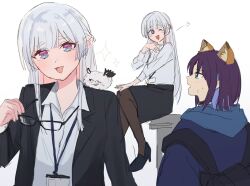  2girls animal_ears black_jacket black_skirt blue_eyes cho_kaguya-hime! fox_ears fox_girl fushi_(cho_kaguya-hime!) green_eyes highres holding holding_removed_eyewear ini_yoy jacket long_hair medium_hair multicolored_eyes multiple_girls nail_polish office_lady one_eye_closed open_mouth purple_hair purple_nails runami_yachiyo sakayori_iroha sakayori_iroha_(tsukuyomi) shirt simple_background skirt sparkle two-tone_eyes unworn_eyewear violet_eyes white_background white_shirt 