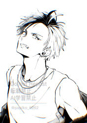  1boy absurdres adam's_apple commentary_request earrings highres jacket jacket_partially_removed jewelry looking_at_viewer male_focus multicolored_hair necklace papiko_6262 sakura_haruka_(wind_breaker) short_hair simple_background smile solo split-color_hair tank_top watermark white_background wind_breaker_(nii_satoru) 