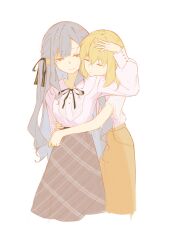  2girls bang_dream! bang_dream!_it's_mygo!!!!! black_ribbon blonde_hair blue_hair brown_skirt closed_eyes closed_mouth commentary_request grey_skirt hair_between_eyes hair_ribbon headpat hug hug_from_behind long_hair long_sleeves maa-chan_(sima) misumi_uika multiple_girls neck_ribbon plaid_clothes plaid_skirt ribbon shirt short_sleeves sidelocks simple_background skirt togawa_sakiko white_background white_shirt yellow_eyes yuri 