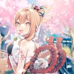  1girl bandaged_arm bandages black_gloves blonde_hair blurry blurry_background breasts cherry_blossoms chest_sarashi dango day fingerless_gloves food genshin_impact gloves hadanugi_dousa hair_ornament highres holding holding_food japanese_clothes kimono looking_at_viewer medium_breasts open_mouth orange_eyes orange_kimono outdoors petals sanshoku_dango sarashi solo tamaya_yoi upper_body wagashi yoimiya_(genshin_impact) 