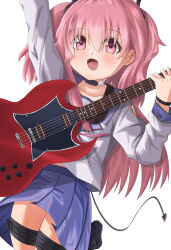  1girl :d absurdres angel_beats! arm_up black_boots black_choker blue_sailor_collar blue_skirt boots choker collarbone commentary cowboy_shot demon_tail dutch_angle eyes_visible_through_hair fang guitar hair_between_eyes hand_up highres holding holding_guitar holding_instrument instrument long_hair long_sleeves looking_at_viewer miniskirt open_mouth pink_eyes pink_hair pleated_skirt sailor_collar sailor_shirt school_uniform serafuku shinda_sekai_sensen_uniform shirt simple_background skirt smile solo sparkling_eyes standing standing_on_one_leg tail tareme thigh_strap two_side_up upskirt very_long_hair white_background white_shirt yamaki051115 yui_(angel_beats!) 