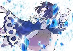  1girl ascot black_hair blue_gem bow brooch cape commentary_request detached_sleeves from_side fur_cape gem hat highres jewelry lapis_lazuline magical_girl mahou_shoujo_ikusei_keikaku mahou_shoujo_ikusei_keikaku_restart open_mouth rgt_mhik short_hair solo tail thigh-highs tiger_tail white_ascot white_thighhighs 
