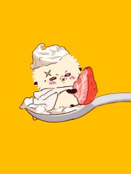  1other capelet chibikemo chiikawa commentary food food_on_face fruit full_body furry highres holding holding_food holding_fruit looking_at_viewer otter pipapo0219 rakko_(chiikawa) sitting solo spoon strawberry untranslatable_commentary whipped_cream white_capelet 