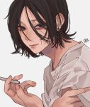  1boy androgynous bishounen black_hair brown_eyes cigarette closed_mouth earrings fingernails highres holding holding_cigarette jewelry kagoya1219 looking_at_viewer looking_to_the_side male_focus original shirt short_hair short_sleeves signature simple_background solo t-shirt upper_body white_background white_shirt 