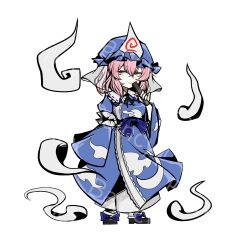  1girl ba_yun_qi black_sandals blue_dress blue_hat blue_sash bow dress footwear_bow full_body hand_fan hat highres hitodama holding holding_fan limbus_company long_sleeves medium_hair mob_cap parody pink_eyes pink_hair project_moon saigyouji_yuyuko sandals sash sash_bow simple_background socks solo style_parody touhou triangular_headpiece veil white_background white_socks white_veil 