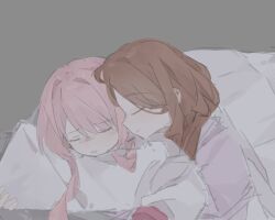  2girls bang_dream! bang_dream!_it's_mygo!!!!! blush brown_hair chihaya_anon chinese_commentary closed_eyes commentary_request cuddling grey_background head_on_pillow long_hair lying multiple_girls nagasaki_soyo nightflyingband on_stomach open_mouth pillow pink_hair simple_background sketch sleeping sleeping_together smile under_covers yuri 