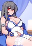  azur_lane belly_rub blue_curtain blue_flower blue_ribbon blue_rose blush breasts dress flower gloves grey_hair hair_ornament hand_on_own_stomach kwaejina lamp large_breasts long_hair mole mole_on_collarbone mole_under_eye pregnant red_eyes ribbon rose saint-louis_(azur_lane) saint-louis_(holy_knight&#039;s_resplendence)_(azur_lane) sitting sitting_on_pillow smile thigh-highs white_dress white_gloves white_thighhighs 