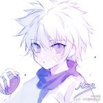  1boy absurdres artist_name bandage_on_face bandages highres hunter_x_hunter killua_zoldyck looking_at_viewer male_focus messy_hair miso_yaki short_hair simple_background solo upper_body violet_eyes watermark white_background white_hair yo-yo 