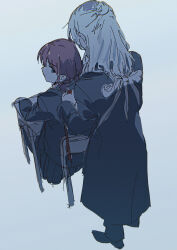  2girls absurdres black_coat black_jacket black_skirt blue_eyes brown_hair chair coat commentary_request girls_band_cry highres inazuma_(elect_line) iseri_nina jacket kawaragi_momoka long_hair long_sleeves low_twintails multicolored_hair multiple_girls roots_(hair) short_hair short_twintails skirt table twintails 