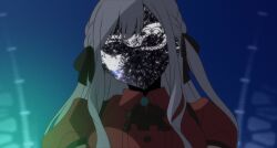  1girl absurdres ascot bang_dream! bang_dream!_it's_mygo!!!!! black_ascot blue_background blurry braid character_request collared_shirt commentary english_commentary faceless faceless_female facing_viewer film_grain grey_hair gundam gundam:_hathaway's_flash hair_ribbon highres long_hair parody puffy_short_sleeves puffy_sleeves red_shirt reiei_8 ribbon scene_reference shirt short_sleeves sidelocks solo upper_body 