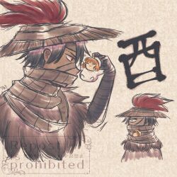  1boy 1girl 793_(oo793oo) brown_hat brown_scarf chicken_costume chicken_girl commentary_request dark-skinned_male dark_skin hat heathcliff_(project_moon) heishou_pack-you_branch_(identity)_(project_moon) holding holding_mini_person ishmael_(project_moon) limbus_company mini_person minigirl project_moon red_eyes rice_hat rooster_boy scarf simple_background 