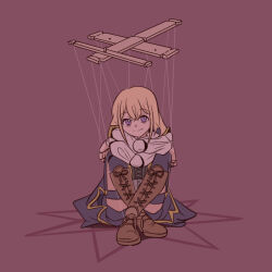  1girl bags_under_eyes bang_dream! bang_dream!_it's_mygo!!!!! blonde_hair boots brown_boots closed_mouth commentary_request control_bar doll_joints full_body joints knees_up korean_commentary lace-up_boots looking_at_viewer medium_hair misumi_uika puppet_strings red_background saiaku_dan simple_background sitting smile solo violet_eyes 