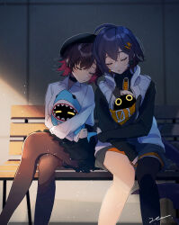  2girls alternate_costume belle_(zenless_zone_zero) black_choker black_hair black_shirt blue_hair chair choker closed_eyes closed_mouth colored_inner_hair commentary_request crossed_bangs crossed_legs earrings ellen_joe ellen_joe_(on_campus) eous_(zenless_zone_zero) fins fish_tail hair_between_eyes hair_ornament highres jacket jewelry leaning_on_person letter_hair_ornament mole mole_under_eye multicolored_hair multiple_girls official_alternate_costume on_chair pantyhose parted_lips red_hair shark_girl shark_tail sharkboo_(zenless_zone_zero) shirt short_hair single_thighhigh sitting skirt sleeping tail thigh-highs white_shirt white_thighhighs you'a zenless_zone_zero 