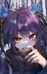  1girl absurdres bang_dream! bang_dream!_girls_band_party! blurry blurry_background brown_eyes commentary flower futaba_tsukushi hair_flower hair_ornament highres long_hair looking_at_viewer nail_polish patpang purple_hair purple_nails solo upper_body 