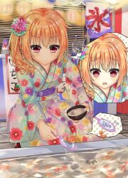  >:) 1girl alternate_costume blue_kimono blush bottle bowl closed_mouth comiket_104 commentary_request dual_wielding eyelashes festival fish floral_print floral_print_kimono flower food_stand full_body furrowed_brow goldfish goldfish_scooping hair_between_eyes hair_flower hair_ornament highres holding holding_bowl holding_net inaba_meguru japanese_clothes kanzashi kimono kusaya01411 long_hair long_sleeves looking_at_animal looking_down obi open_mouth orange_hair outdoors pink_flower poi_(goldfish_scoop) print_kimono purple_sash red_eyes red_flower sanoba_witch sash side_ponytail sidelocks smile smug solo speech_bubble spoken_character squatting torn_poi v-shaped_eyebrows water white_flower wide_sleeves yukata 