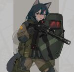 1girl absurdres ak-12 animal_ears assault_rifle black_gloves black_hair blue_eyes gloves gun highres holding holding_gun holding_shield holding_weapon kalashnikov_rifle long_hair looking_at_viewer military military_uniform open_mouth original polilla rifle riot_shield shield solo tail uniform weapon