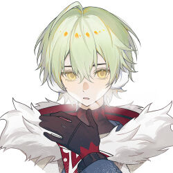  1boy ahoge alyosha_(genshin_impact) black_gloves black_shirt blue_jacket cape chinese_commentary commentary_request earmuffs fur-trimmed_cape fur_trim genshin_impact gloves green_hair hair_between_eyes hand_up heavy_breathing highres hood hooded_cape jacket long_sleeves looking_at_viewer male_focus open_mouth shirt short_hair simple_background solo turtleneck turtleneck_shirt upper_body white_background white_cape yan_jian_jian yellow_eyes 