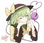  1girl blue_eyes bow brown_headwear earrings green_hair hands_on_own_face hat hat_bow heart heart_earrings highres jewelry komeiji_koishi long_sleeves nyanaya one_eye_closed polka_dot polka_dot_background shirt solo touhou white_background yellow_bow yellow_shirt 