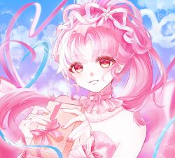  1girl back_bow bare_shoulders birthday blue_sky bow brown_eyes brown_pupils chinese_commentary choker clouds collar commentary_request day detached_collar dress eyelashes eyes_visible_through_hair frilled_choker frilled_wrist_cuffs frills gift gradient_sky grin hair_ornament hair_over_shoulder hair_ribbon happy heart heart_of_string hexagram high_ponytail highres holding holding_gift lanshang91621 large_bow light_blush light_particles lipstick long_hair makeup myriad_poetic_bows_(shining_nikki) nail_polish nikki_(nikki) nikki_(series) outdoors parted_bangs pink_bow pink_choker pink_collar pink_dress pink_hair pink_lips pink_nails pink_ribbon pink_wrist_cuffs ponytail purple_sky ribbon shining_nikki sky smile solo star_(symbol) star_hair_ornament strapless strapless_dress streamers upper_body very_long_hair wrist_bow wrist_cuffs 