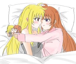 2girls absurdres ahoge black_dress blonde_hair blush brown_hair character_doll commentary_request cuddling doll dress ear_blush eye_contact fate_testarossa highres kiss kitagoo999 long_hair looking_at_another lyrical_nanoha mahou_shoujo_lyrical_nanoha multiple_girls parted_lips pink_shirt red_eyes shirt takamachi_nanoha under_covers violet_eyes yuri 