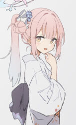  1girl :d back_bow black_bow blue_archive blue_flower blunt_bangs blush bow commentary cowboy_shot flower from_side hair_bun hair_flower hair_ornament halo hand_up highres japanese_clothes k4lmy kimono long_hair long_sleeves looking_at_viewer mika_(blue_archive) open_mouth pink_halo ponytail sidelocks simple_background single_side_bun smile solo straight_hair white_background wide_sleeves yellow_eyes 