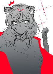  1girl absurdres animal_ears arm_up bow bowtie closed_mouth commentary_request frown highres inazuma_(elect_line) kemonomimi_mode looking_at_viewer love_live! love_live!_school_idol_project medium_hair nishikino_maki otonokizaka_school_uniform school_uniform solo tail tiger_ears tiger_girl tiger_tail upper_body 