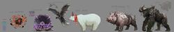  absurdres all_fours animal_focus armor back_spikes bear belt bird boar bottle_on_head burning cameo clam coca-cola drooling embers fire from_side full_body gorilla highres minecraft monumenta no_humans open_mouth paper_box polar_bear reference_inset rock scarf second-party_source steve_(minecraft) stitches tusks wide_image 