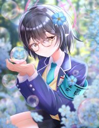  1girl absurdres ayane_(blue_archive) black_hair blue_archive blue_flower blue_necktie blurry blurry_background bubble day flower glasses hair_ornament halo highres holding lucky_73g necktie pointy_ears red-framed_eyewear red_halo shirt short_hair smile white_shirt yellow_eyes 
