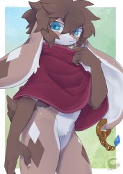  absurdres animal_ears blue_eyes blue_gem brown_fur brown_hair burgundy_dress chain commentary_request dress fluffy_tail furry gem highres looking_at_viewer mochiri_(mochiri_work) rabbit rabbit_ears sitting sleeveless solo white_fur 