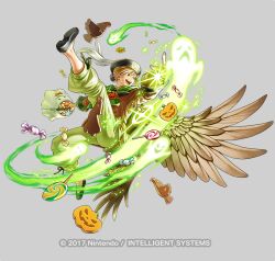  1boy black_hat black_shoes blonde_hair company_name feathered_wings fire_emblem fire_emblem:_path_of_radiance fire_emblem_heroes full_body green_pants grey_background halloween hat janaff_(treat_or_talon)_(fire_emblem) kita_senri official_alternate_costume official_art open_mouth pants shoes short_hair simple_background solo wings 