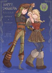  1boy 1girl amputee arm_ribbon arm_up arm_warmers armor armpits artist_name astrid_hofferson belt black_armor black_belt blonde_hair blue_background blue_eyes blue_pants boots border braid braided_ponytail brown_arm_warmers brown_armor brown_boots brown_gauntlets brown_hair brown_headband brown_leg_warmers brown_ribbon brown_shoes brown_skirt character_name copyright_name couple dancing english_text fake_horns full_body fur-trimmed_arm_warmers fur-trimmed_hood fur-trimmed_leg_warmers fur_trim gauntlets green_eyes green_pants green_shirt grey_armor grey_helmet grey_hood hair_between_eyes hair_over_shoulder happy headband helmet hiccup_horrendous_haddock_iii highres holding_hands hood hood_down horned_helmet horns how_to_train_your_dragon_(series) how_to_train_your_dragon_2 leather_armor leg_warmers long_hair long_sleeves looking_at_another low_ponytail miniskirt mistletoe multiple_braids no_139401 one_eye_closed pants parted_bangs parted_lips ponytail prosthetic_foot red_shirt ribbon shirt shoes short_hair shoulder_armor sidelocks single_boot single_braid skirt skull skull_ornament sleeveless sleeveless_shirt smile spiked_skirt twitter_username two-tone_armor unworn_headwear unworn_helmet 